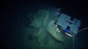 Deep Discoverer investigates an extrusion of tar from the seafloor. Credit: NOAA OER